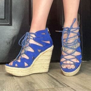JustFab Cork Wedges Blue Fashion Platform Sandal Vacation Heels Women’s 6.5
